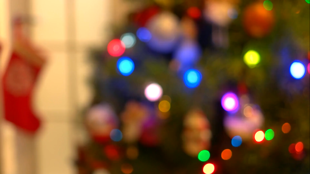 Christmas decorations faded in background.